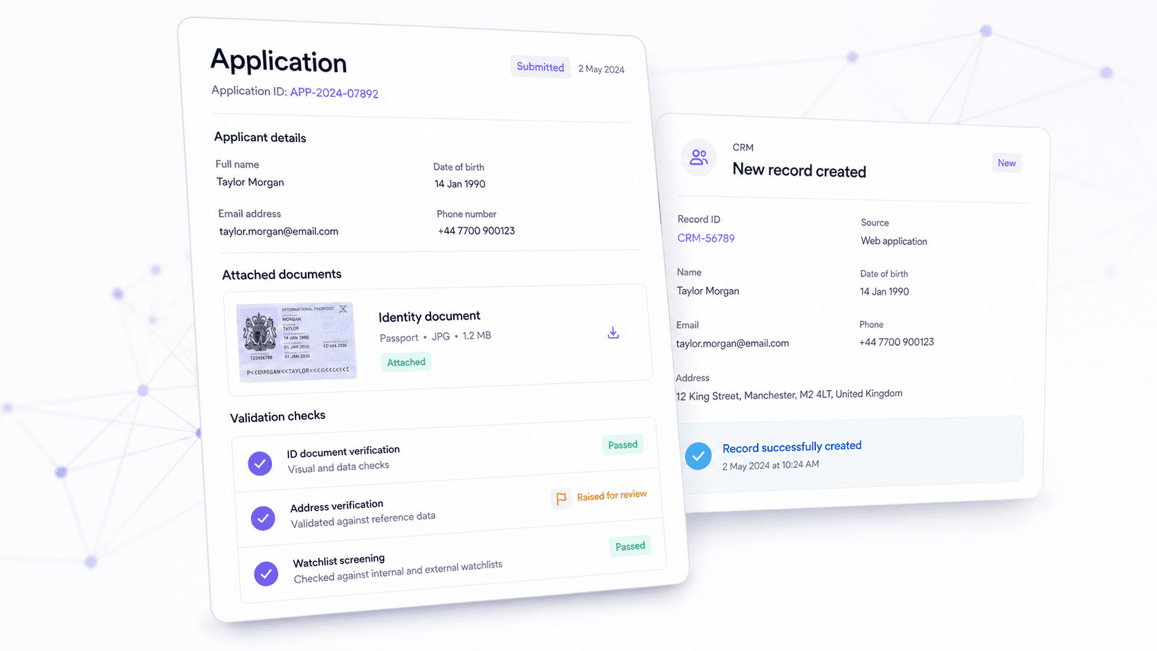 An application with an attached identity document, validation checks ticked down the side and one item flagged for review.