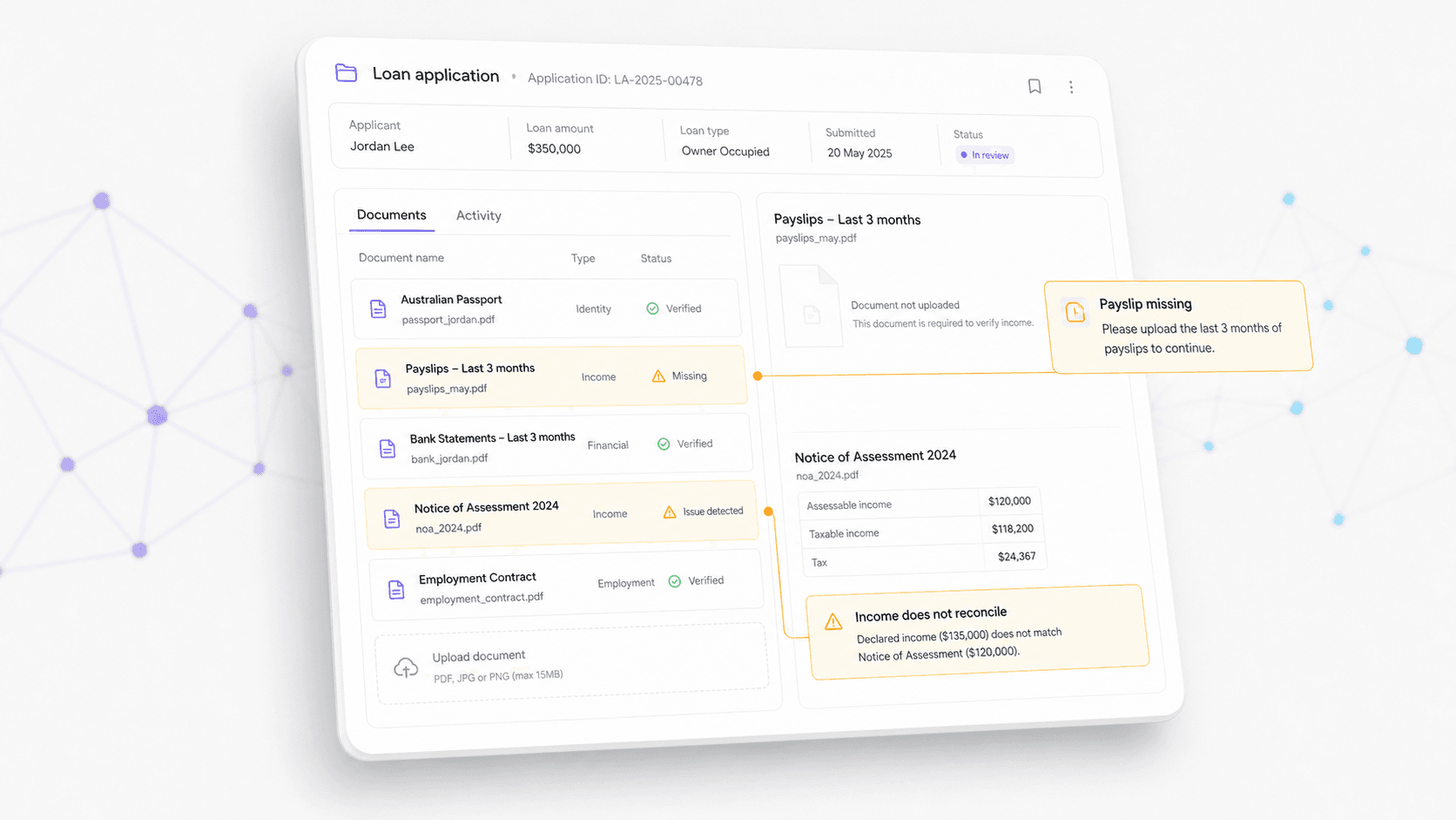 A loan application file with two items flagged in amber — a missing payslip and an income figure that does not reconcile — linked to the exact fields.